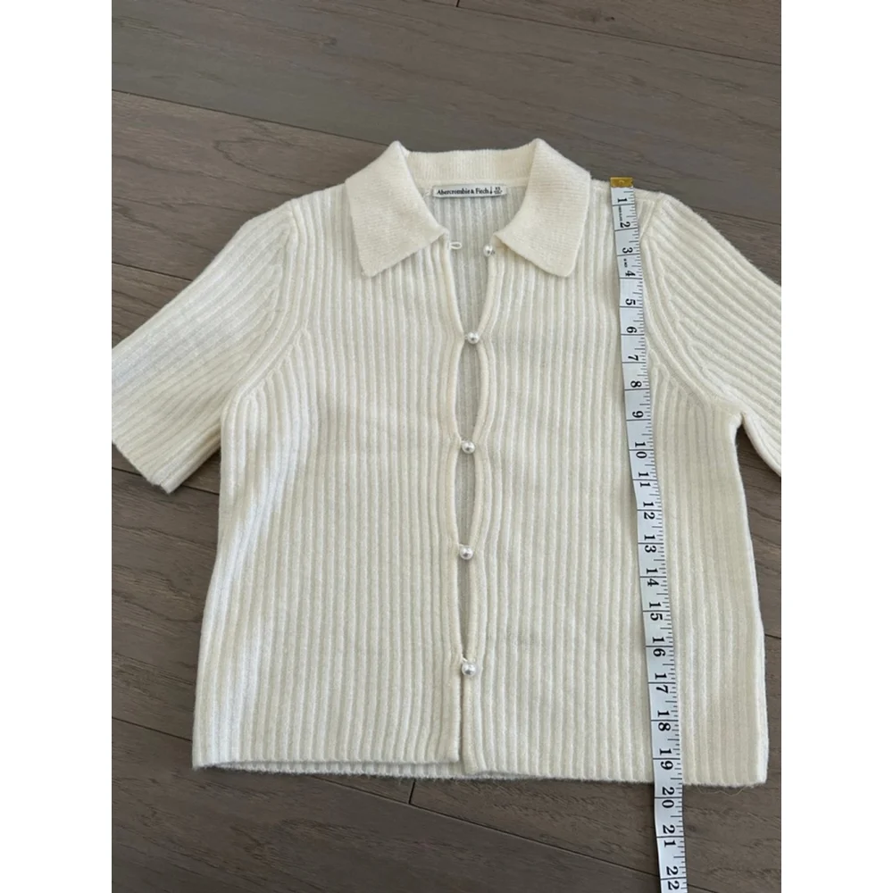Abercrombie & Fitch Cream Ribbed Button Up Cardigan - Picture 8 of 8